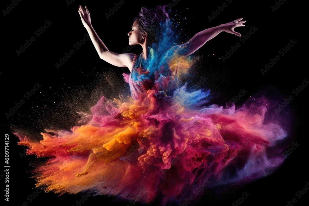 Beautiful ballerina dancing in colorful smoke on black background.. Generated AI - obrazy, fototapety, plakaty 