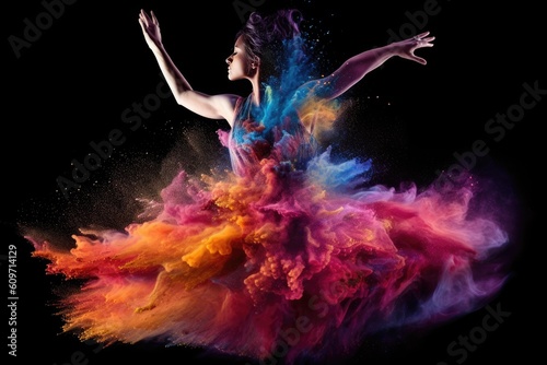 Beautiful ballerina dancing in colorful smoke on black background.. Generated AI © YouraPechkin