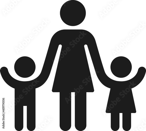 Adult with children figure silhouette icon. Woman holding hands of boy and girl.