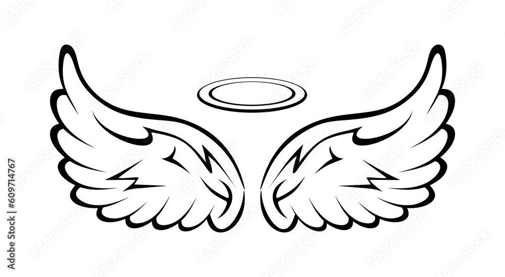 Hand drawn angel wings and nimbus. Vector wings sketch isolated on white background. Minimal style drawing for tattoo, icon, engraving, sign, symbol, logo. Vector illustration Hand drawn angel wings and nimbus. Vector wings sketch isolated on white background. Minimal style drawing for tattoo, icon, engraving, sign, symbol, logo. Vector illustration