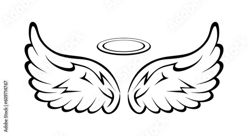 Hand drawn angel wings and nimbus. Vector wings sketch isolated on white background. Minimal style drawing for tattoo, icon, engraving, sign, symbol, logo. Vector illustration