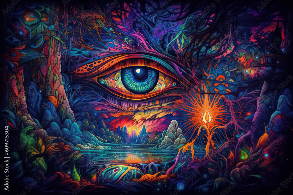 Ayahuasca experience, spiritual psychedelic hallucinations surreal illustration. Generative AI. - obrazy, fototapety, plakaty 