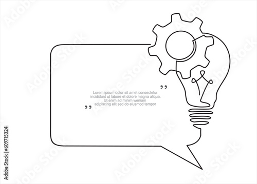 Quick tips.Continuous one line drawing of Lightbulb with cogwheel and speech bubble. Trendy line art vector on a white background. Vector illustration.