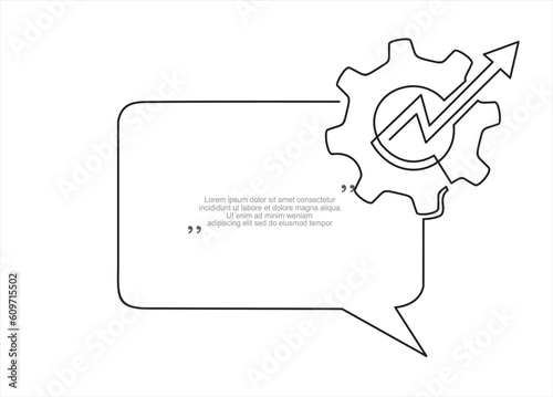 Quick tips.Continuous one line drawing of gear with arrow up inside and speech bubble. Trendy line art vector on a white background. Vector illustration.