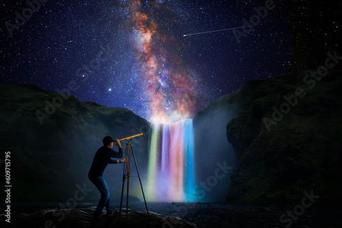 Man observing the universe through a telescope