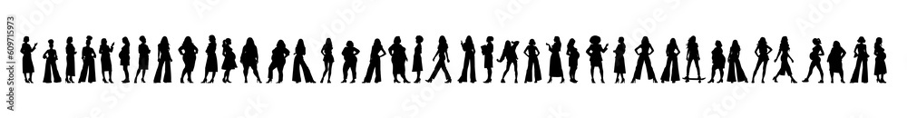 Vector illustration. Big set of female silhouettes. Different woman in various poses. Different physique.