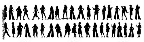 Vector illustration. Big set of female silhouettes. Different woman in various poses. Different physique.