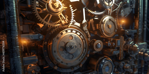Steampunk Background with Rusty Gears and Engines. Industrial Background. Generative AI © Resdika