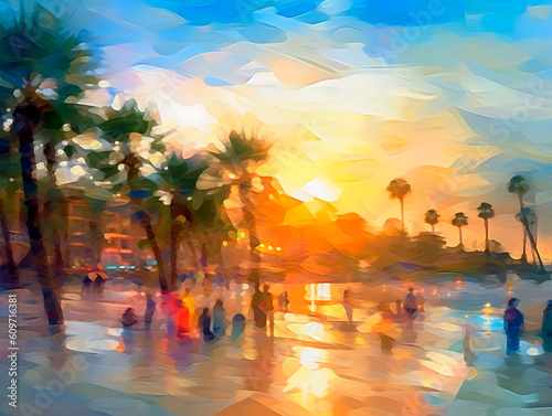 Colorful Painting of Beach Life. AI generated. photo