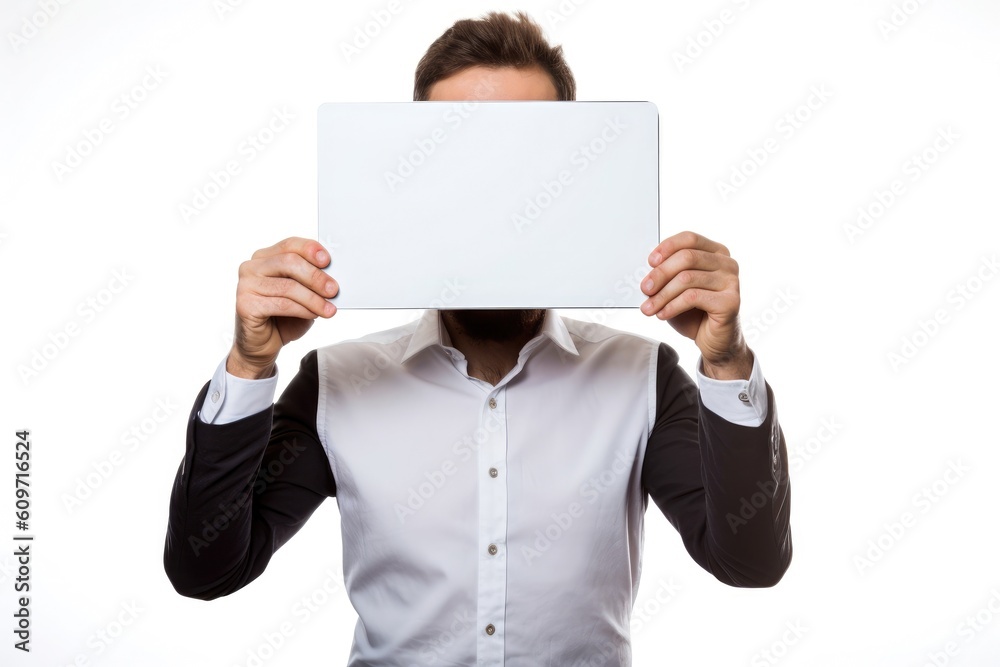 Businessman holding up a blank sign Generative AI Illustration Businessman holding up a blank sign Generative AI Illustration