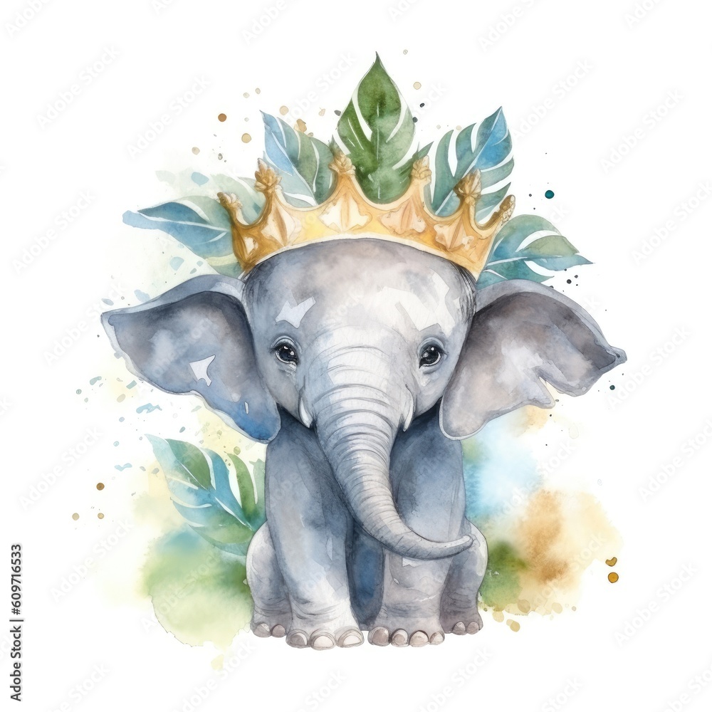 Watercolor painting of a cute baby elephant with a crown on the head and green leaves Generative AI Illustration
