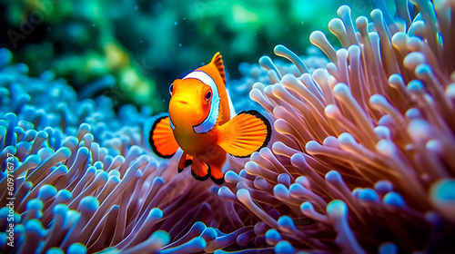 Adorable Clownfish and Sea Anemone. Underwater Elegance. AI generated. photo