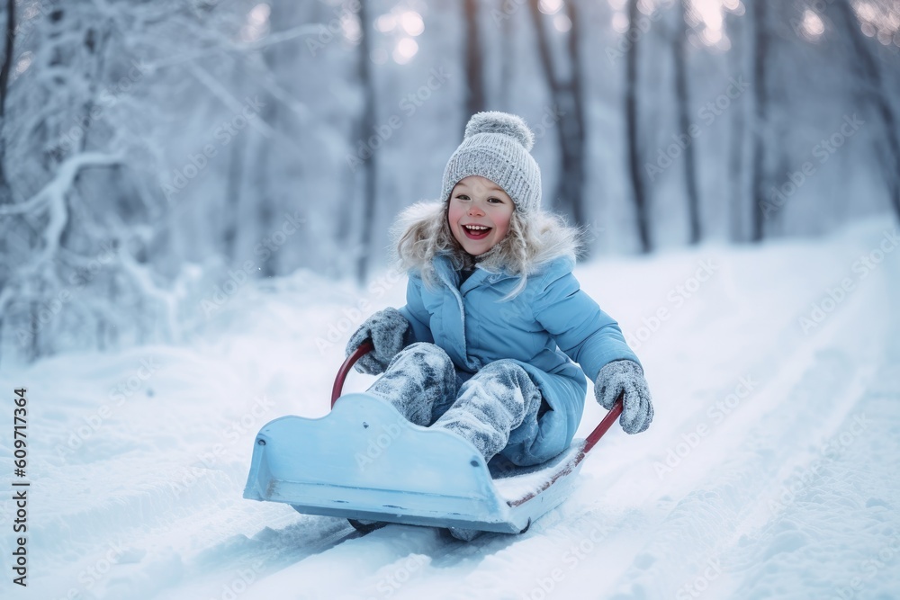 Happy girl sledding outdoors on clear winter day. Generative AI Happy girl sledding outdoors on clear winter day. Generative AI