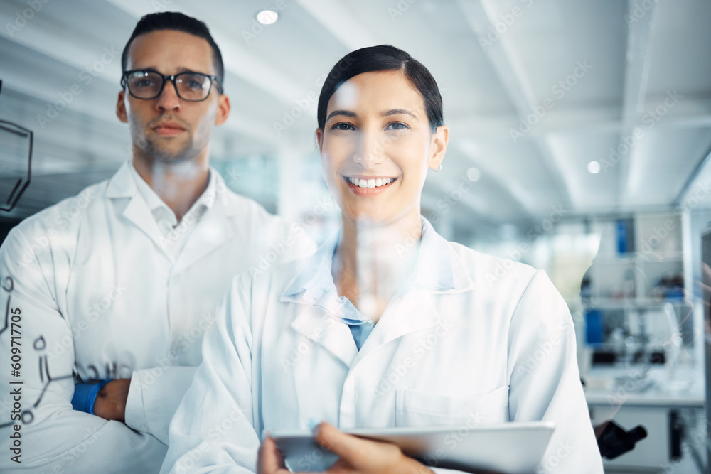 Science, team and portrait of doctors with digital tablet for collaboration, innovation and solution in lab. Healthcare, teamwork and face of medical expert people online in a laboratory for research Science, team and portrait of doctors with digital tablet for collaboration, innovation and solution in lab. Healthcare, teamwork and face of medical expert people online in a laboratory for research