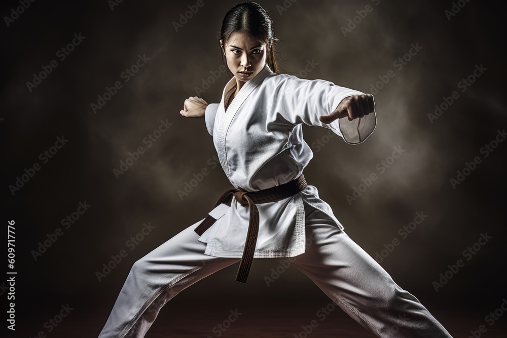 Woman practicing martial arts in studio. Generative AI