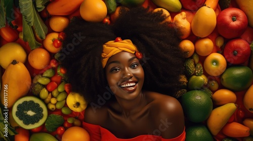 Attractive young black woman lies among many healthy fruits and vegetables, proper nutrition healthy diet concept top view, anti aging lifestyle of young female without eating disorder, generative AI photo