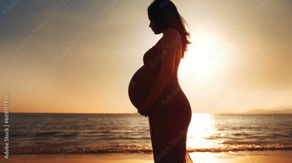 Pregnant woman silhouette on sea beach, future mother waiting birth of baby, woman with pregnant