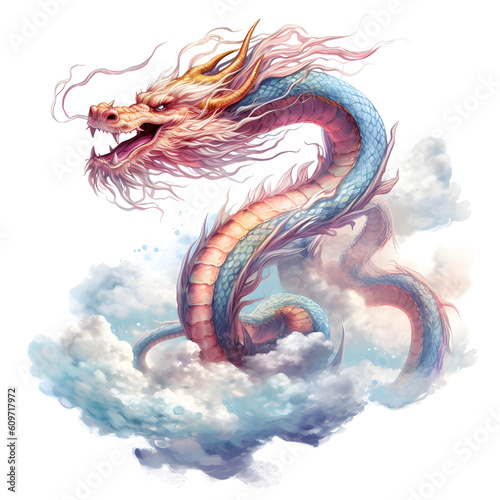 Dragon in the clouds. Watercolour illustration isolated on white background. AI Generative