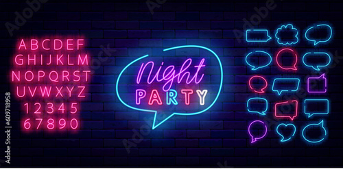 Night party neon label. Evening performance banner. Luminous advertising. Vector stock illustration