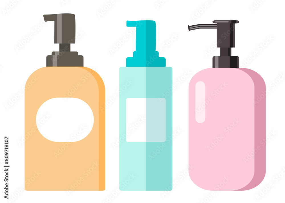 Set of cosmetic bottles in different colors. Bathroom and hygiene products in pump dispensers Set of cosmetic bottles in different colors. Bathroom and hygiene products in pump dispensers