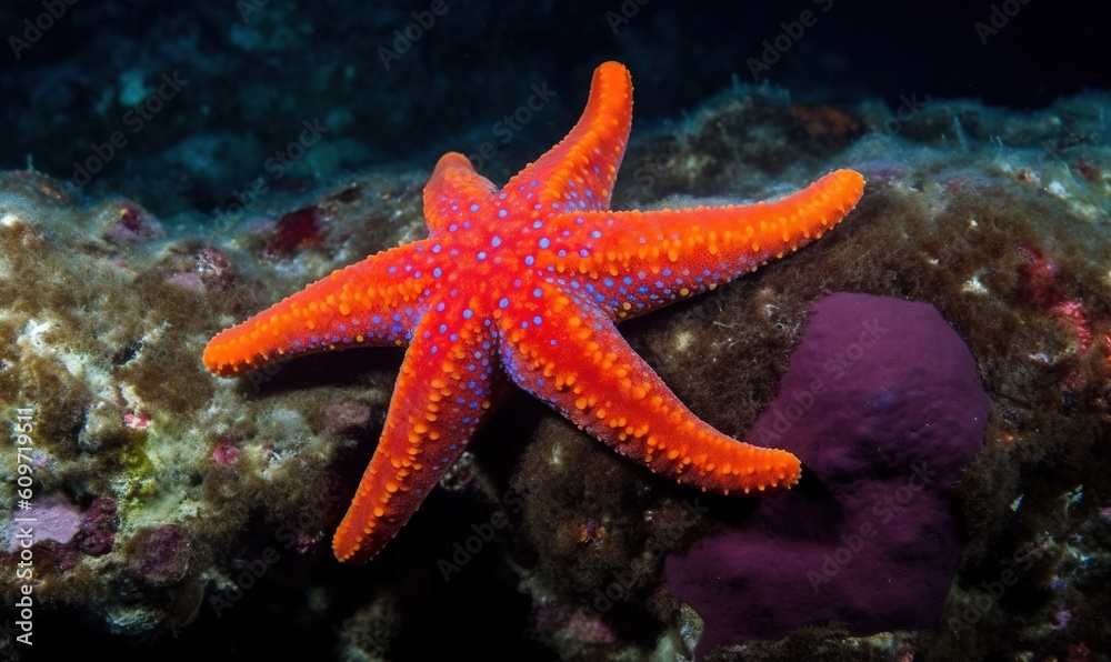 a bright orange starfish on a reef with purple sponges. generative ai a bright orange starfish on a reef with purple sponges. generative ai
