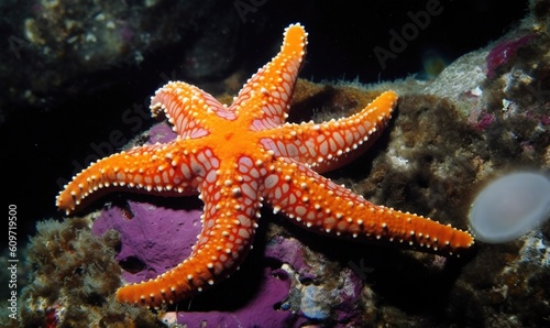  an orange and white starfish sitting on a purple rock.  generative ai © Anna