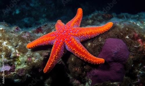  a bright orange starfish on a reef with purple sponges.  generative ai