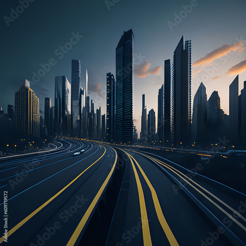 downtown city at night, highway, road