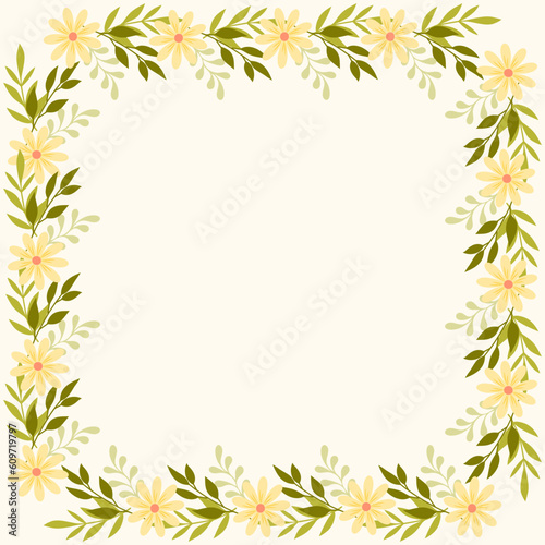 Square frame of hand drawn wild doodle flowers and leaves, on isolated background. Design for springtime, summertime celebration, greeting cards, scrapbooking, home decor, paper craft.