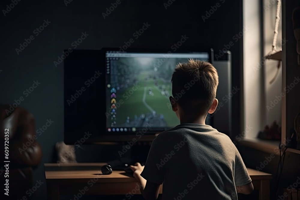 Rear view of a boy playing video games on a computer at home, A gamer boy full rear view playing in a computer, AI Generated Rear view of a boy playing video games on a computer at home, A gamer boy full rear view playing in a computer, AI Generated