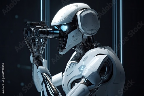 3d rendering robot or cyborg working in virtual space, artificial intelligence concept, A Futuristic robot astronomer with a telescope observing distant galaxies, AI Generated