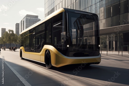 Modern bus in the city. 3D rendering. Perspective view. A Futuristic robot driving a bus , AI Generated