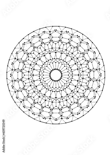 kreisfläche gefüllt mit einem rotationssymmetrischen muster aus verscheidenen polygonen, deren eckpunkte mit ponkten markiert sind, modern art