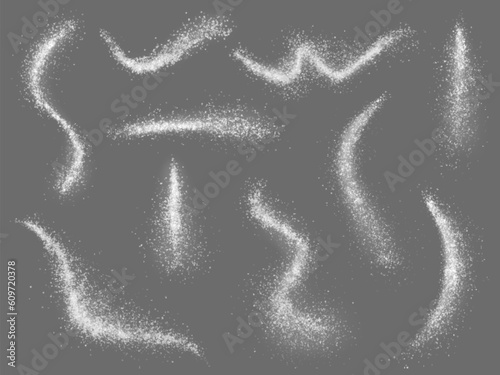Scatters salt or sugar, white realistic crystals mineral. Sieved flour dust, snow granules. Chalk or baking soda, sprinkled powder pithy vector elements