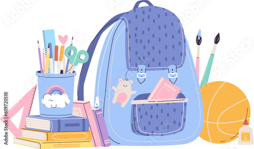 College or school stationery and backpack. Paint brushes, books pile and sport ball. Isolated study tools, ruler and pencil. Vector education elements