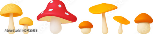 Mushroom 3d render collection. Mushrooms isolated clipart, autumn forest elements. Fly agaric, toadstools and edible. Food ingredients raw, vector set