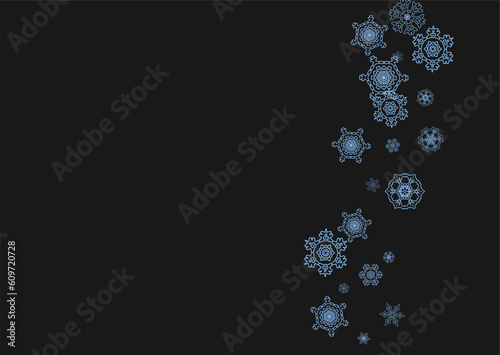 Snowflake border for Christmas and New Year celebration. Holiday snowflake border on black background with sparkles. For banners, gift coupons, vouchers, ads, party events. Horizontal frosty snow.