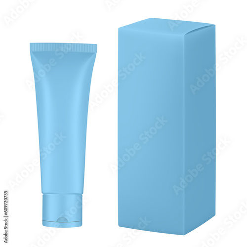 Set of light blue plastic tube and box. Realistic mockup. Ointment or salve. Gel serum. Korean packaging. Blank cardboard package