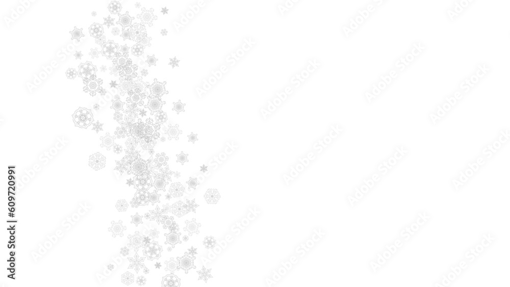 Snowflakes falling on white background. Horizontal Christmas and Happy New Year theme. Silver falling snowflakes for banner, gift card, party invitation, partner compliment and special business offers