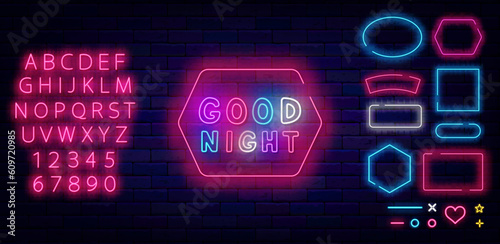 Good night neon sign. Geometric frames collection. Glowing invitation on brick wall. Vector stock illustration