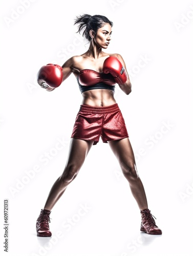 Sporty fit latin woman during boxing exercise making hit. Boxer isolated on white background. Strength and motivation. Generative Ai.