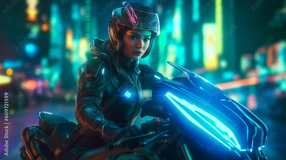 A woman wearing a futuristic full body suit on a futuristic motorcycle , ai, ai generative, illustration A woman wearing a futuristic full body suit on a futuristic motorcycle , ai, ai generative, illustration