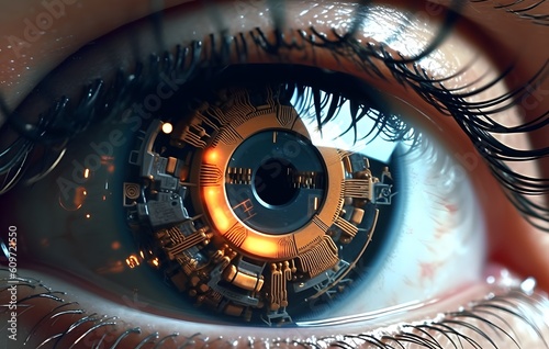 Sci-fi Futuristic Cyborg. Woman's eye with Bionic Technology. Smart contact lens with biometric retina implants. Generative Ai.