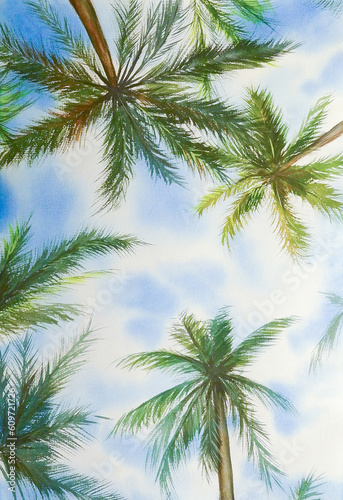 Hand-Drawn Watercolor Illustration Of Palm Trees Against The Sky