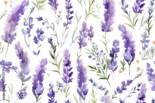 Seamless Lavender watercolor pattern: Beautiful, vintage floral design in purple tones. Ideal for summer textile and weddings. Generative Ai.