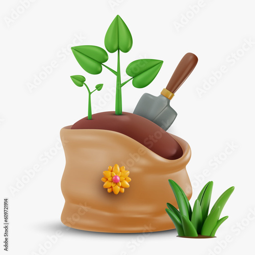 Bag of soil or organic fertilizer for garden. 3d cartoon design composition in modern minimal style. Vector bright concept or illustration.
