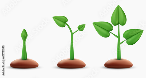 Set sprout or small green plant in ground. 3d cartoon design element in minimal style. Vector icon or illustration.