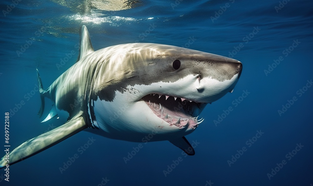 Naklejka premium a great white shark with its mouth open in the water. generative ai