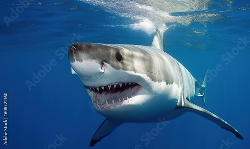  a shark with its mouth open swimming in the ocean water.  generative ai