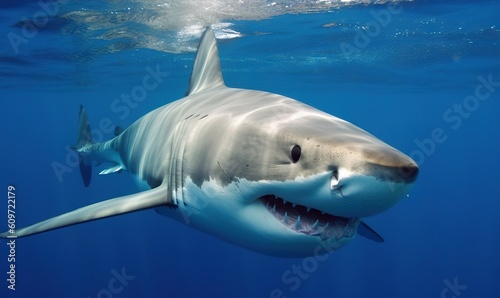  a great white shark with its mouth open in the water.  generative ai